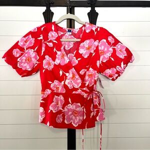 NWT Old Navy Red & Pink Floral Wrap Blouse Puff Sleeves Peplum Medium Spring